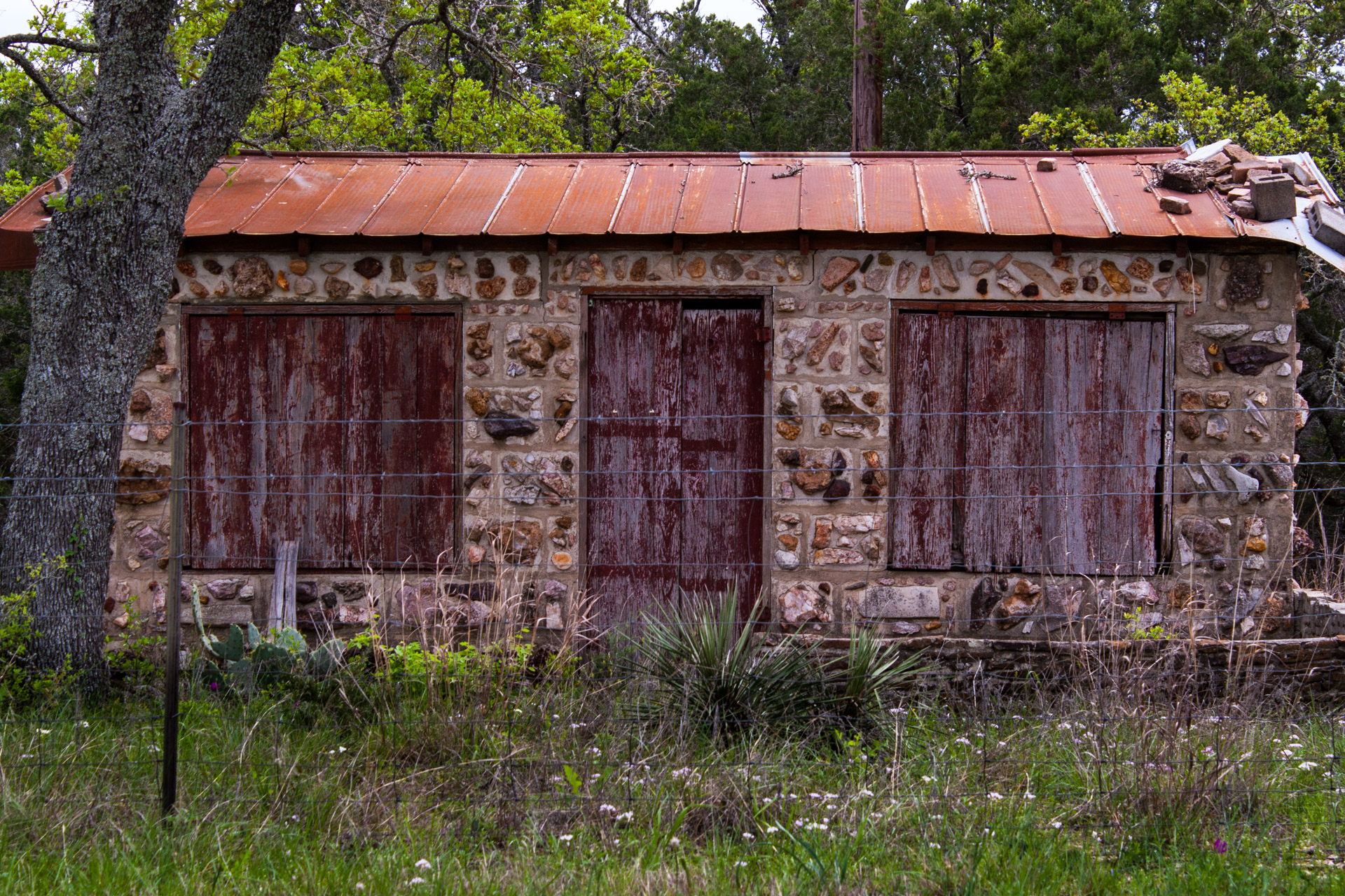 Burnet, Texas - A Red Stone Cottage With Bluebonnets (front close)