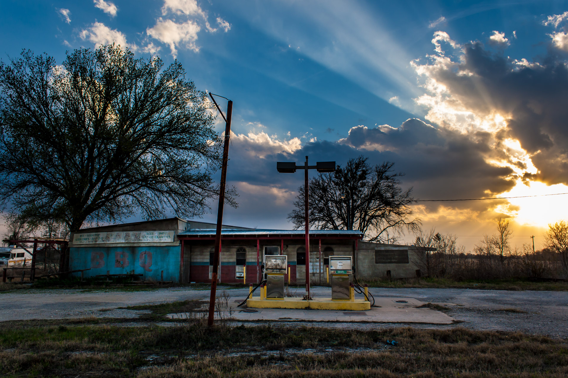 Elgin, Texas - BBQ And Gas Station (front far sunset)