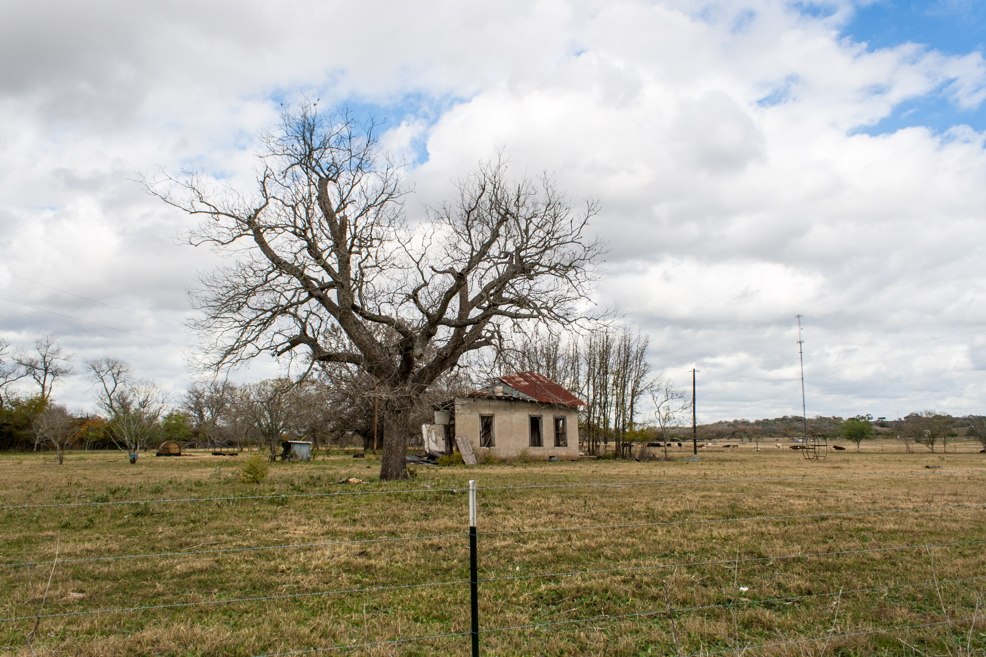 La Grange, Texas - An Impacted Roof Farmhouse (tree far)
