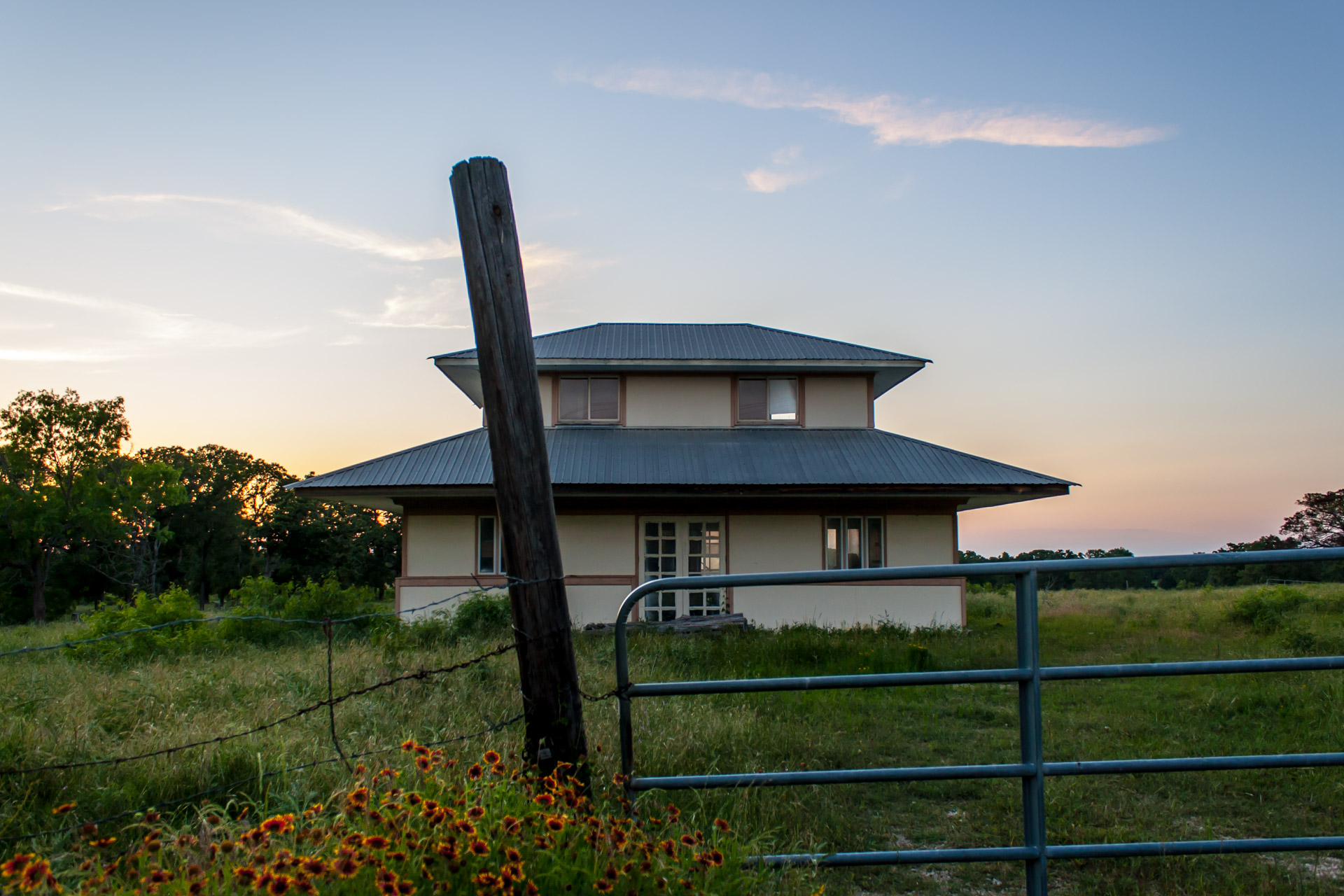Dale, Texas - Sunset At A Tiered Roof House